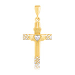 14k Two-Tone Gold Cross Pendant with a Claddagh Motif