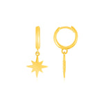 14k Yellow Gold Huggie Style Hoop Earrings with Star Drops