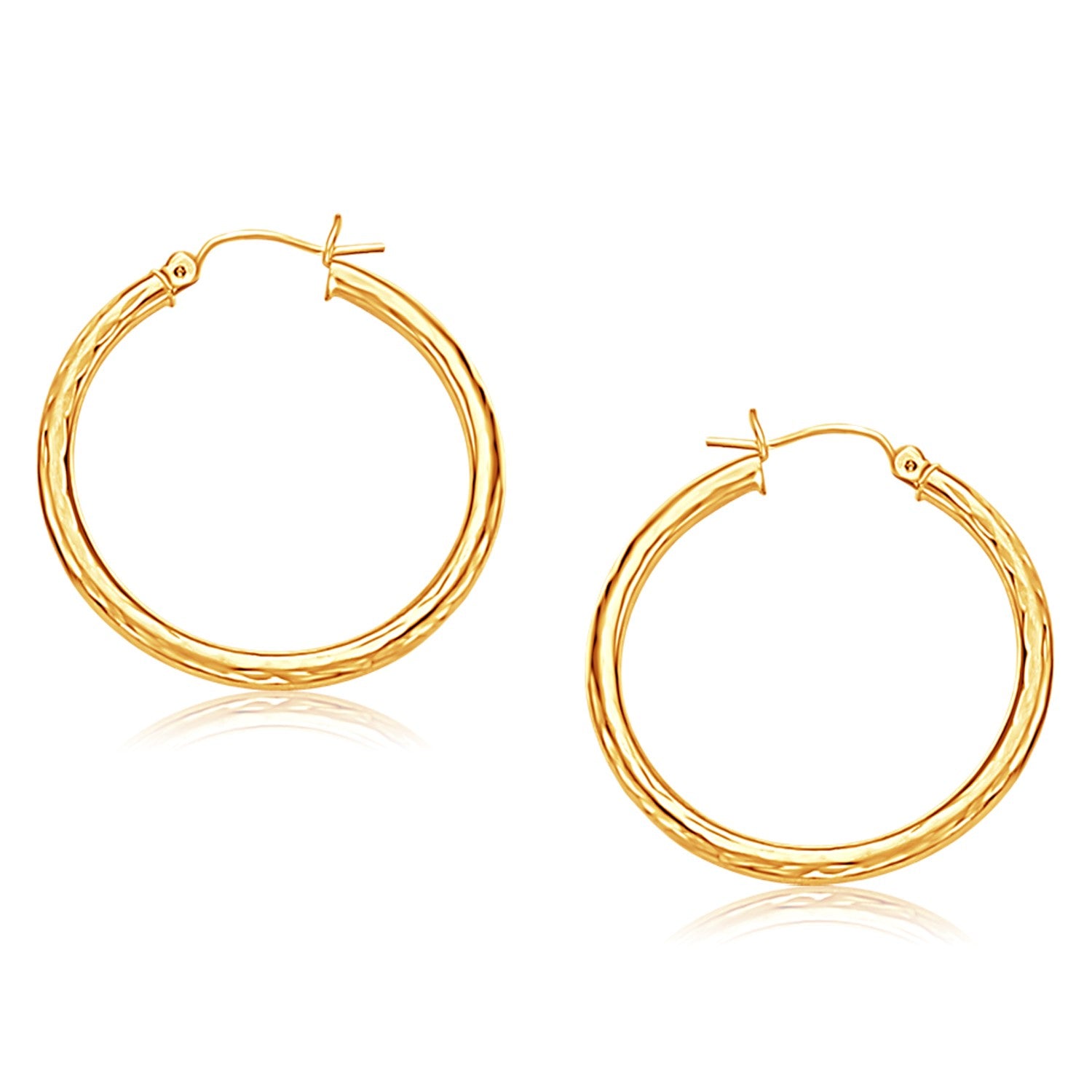 14k Yellow Gold Hoop Earring with Diamond-Cut Finish (3x30mm)