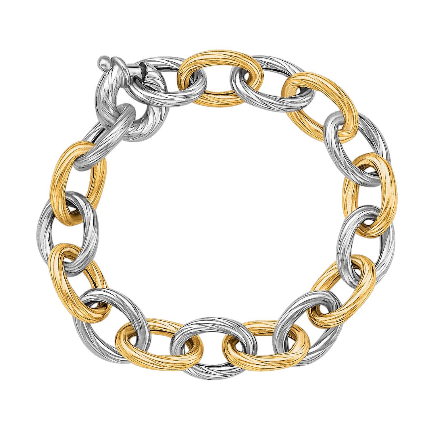 18k Yellow Gold and Sterling Silver Rhodium Plated Diamond Cut Chain Bracelet (9.65 mm)