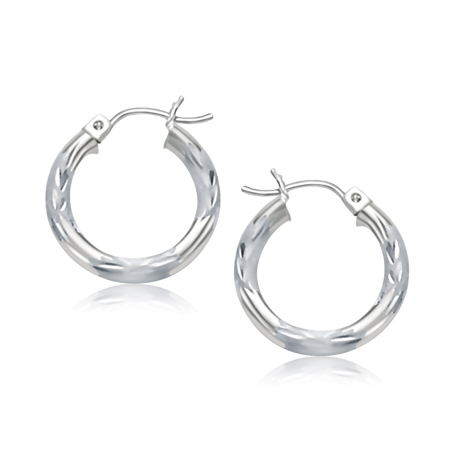 14k White Gold Hoop Earrings with Diamond Cuts (3x15mm)