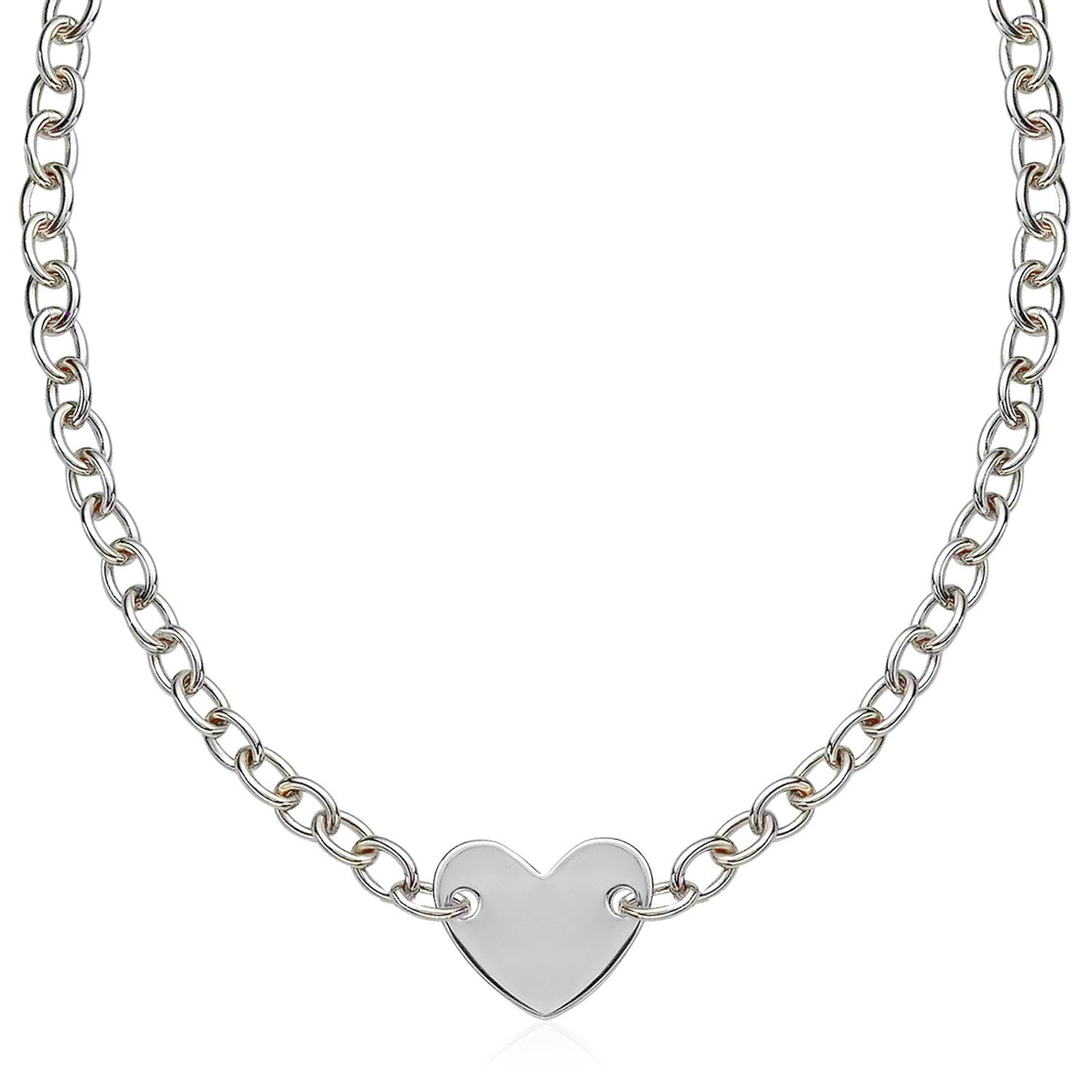 Sterling Silver Rhodium Plated Chain Bracelet with a Flat Heart Motif Station