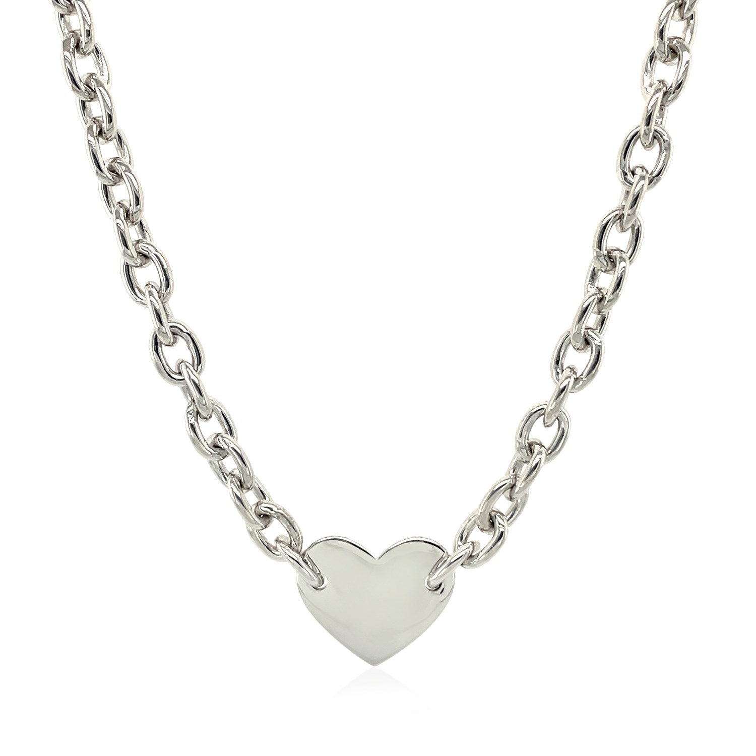 Sterling Silver Rhodium Plated Chain Bracelet with a Flat Heart Motif Station