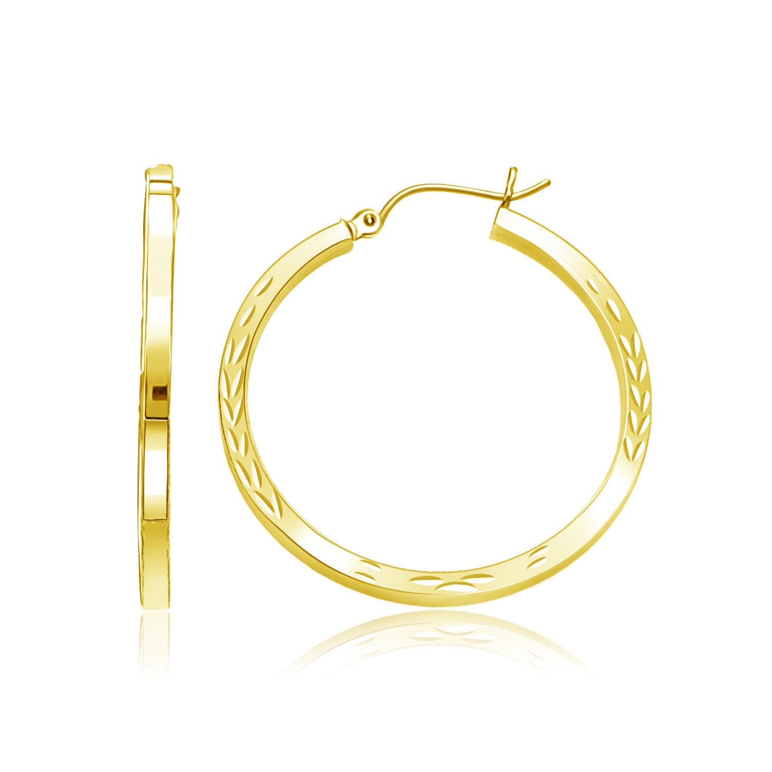 14k Yellow Gold Diamond Cut Hoop Earrings(2x35mm)