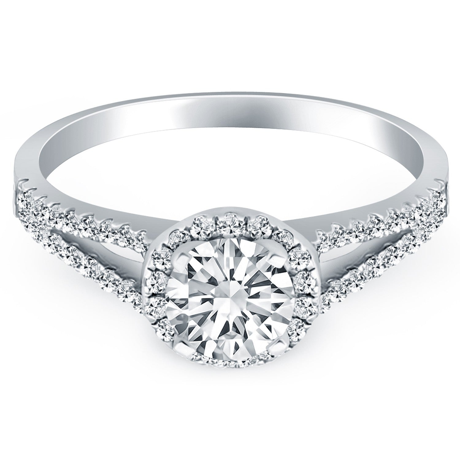 14k White Gold Diamond Halo Split Shank Engagement Ring