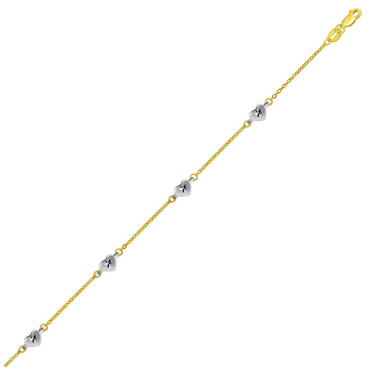 14k Two Tone Gold Anklet with Diamond Cut Heart Style Stations