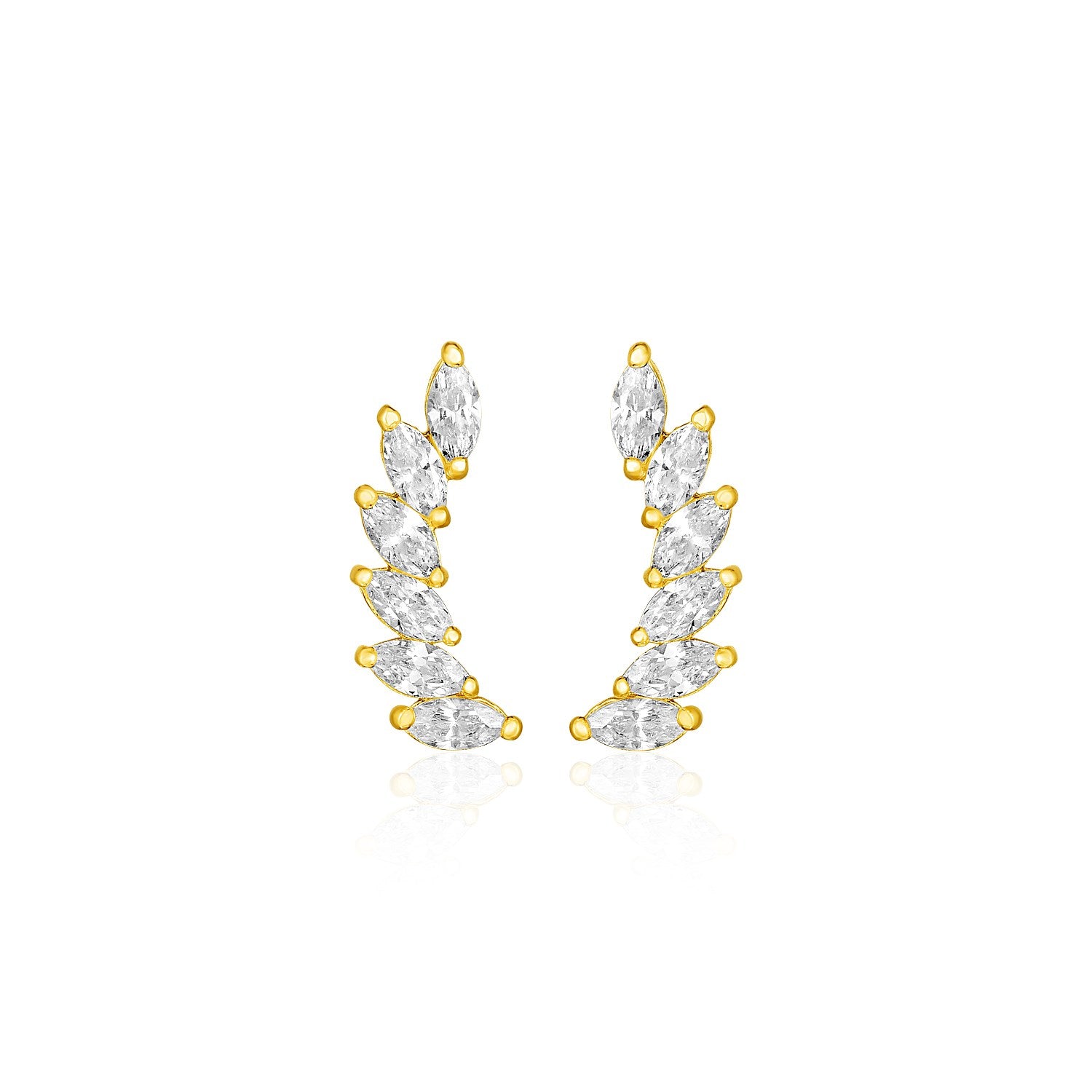 14k Yellow Gold Leaf Motif Climber Post Earrings with Marquise Cubic Zirconias