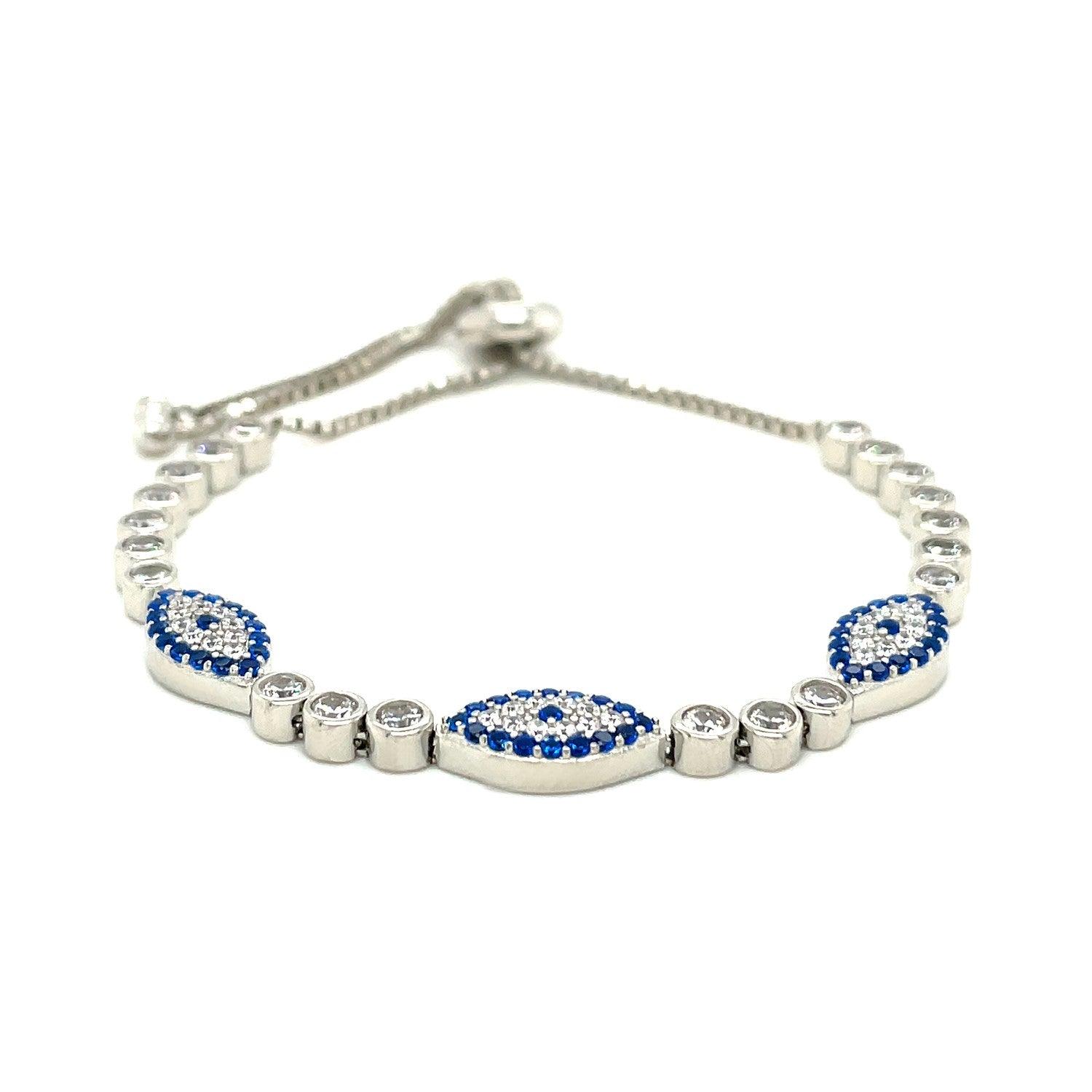 Sterling Silver Adjustable Enameled Evil Eye Bracelet with Cubic Zirconias (6.50 mm)