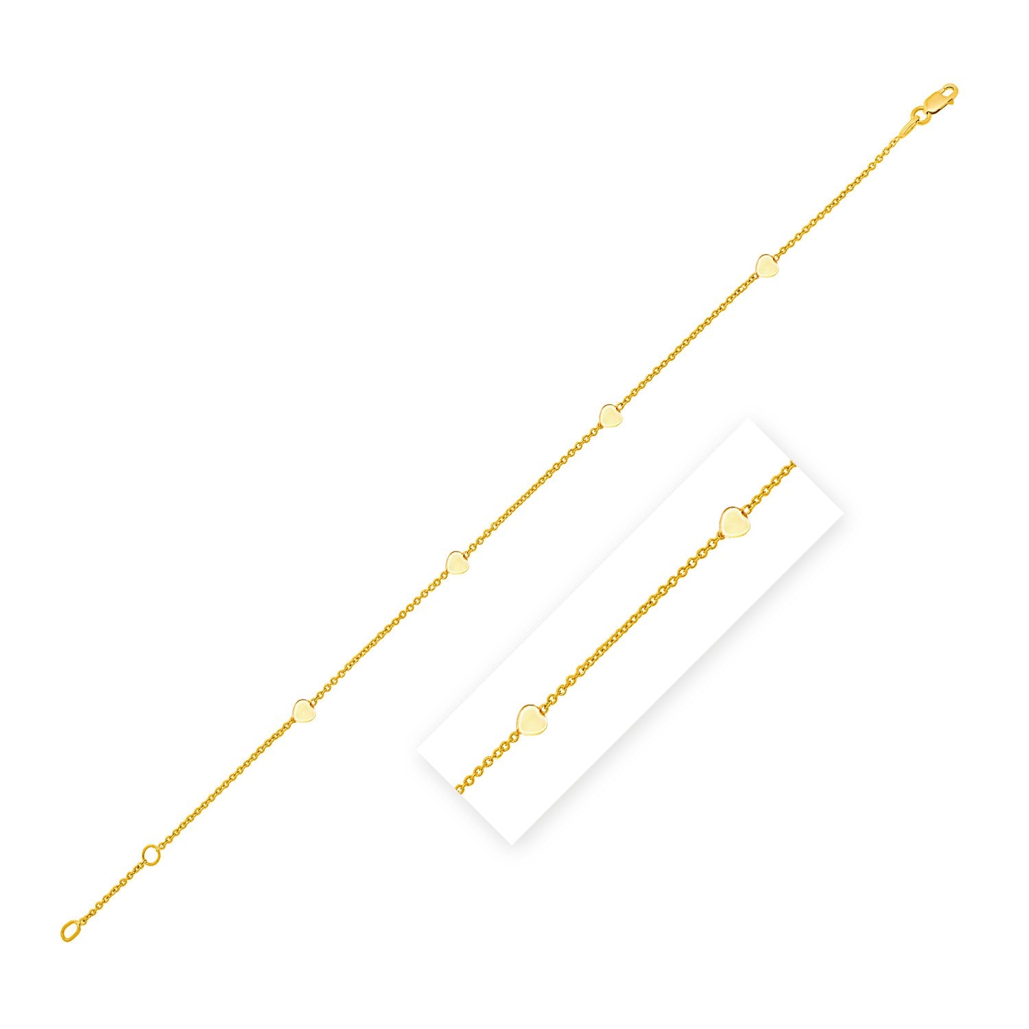 Stationed Heart Anklet in 14K Yellow Gold (1.00 mm)