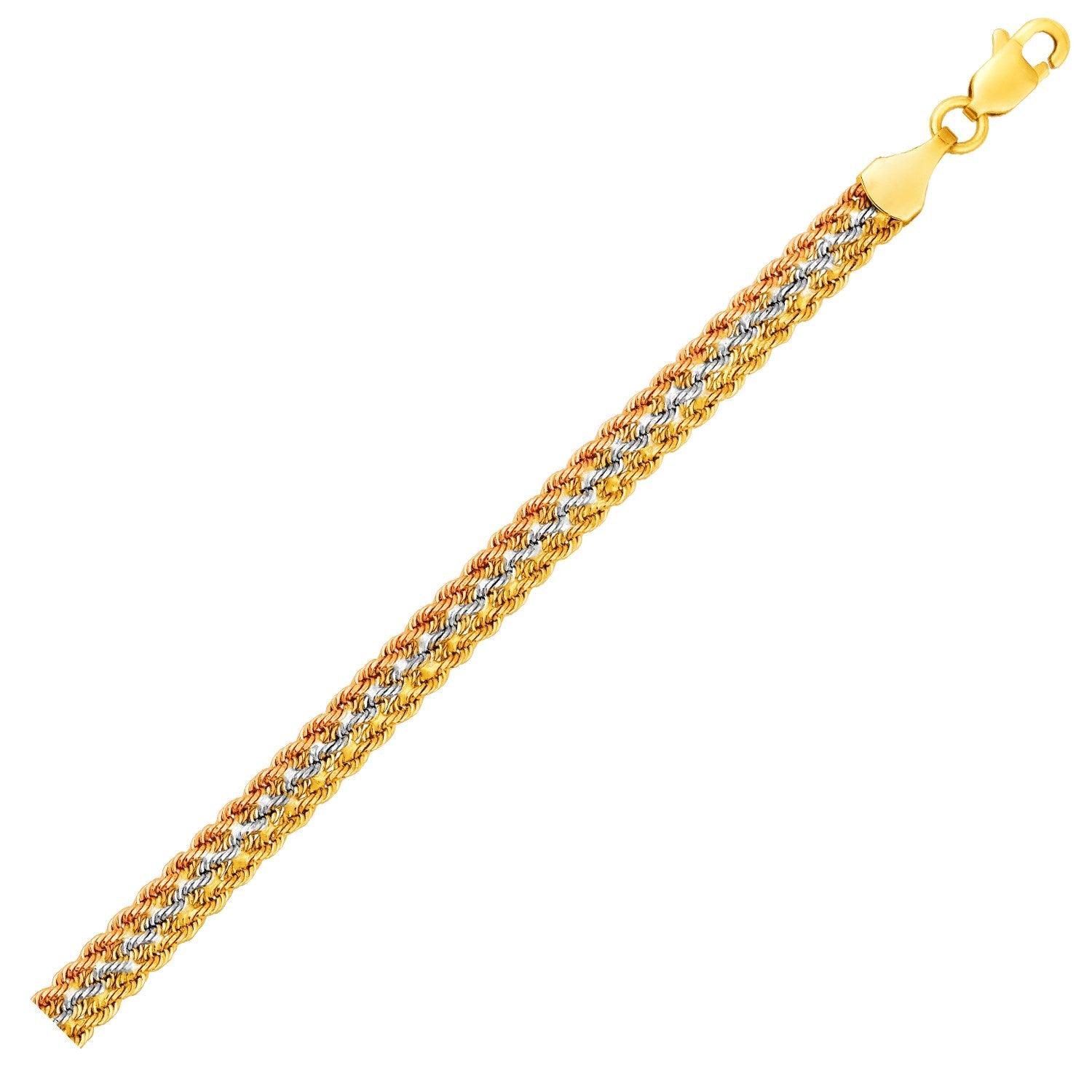 Tri-Toned Multi-Strand Rope Chain Bracelet in 10k Yellow,  White,  and Rose Gold (6.35 mm)