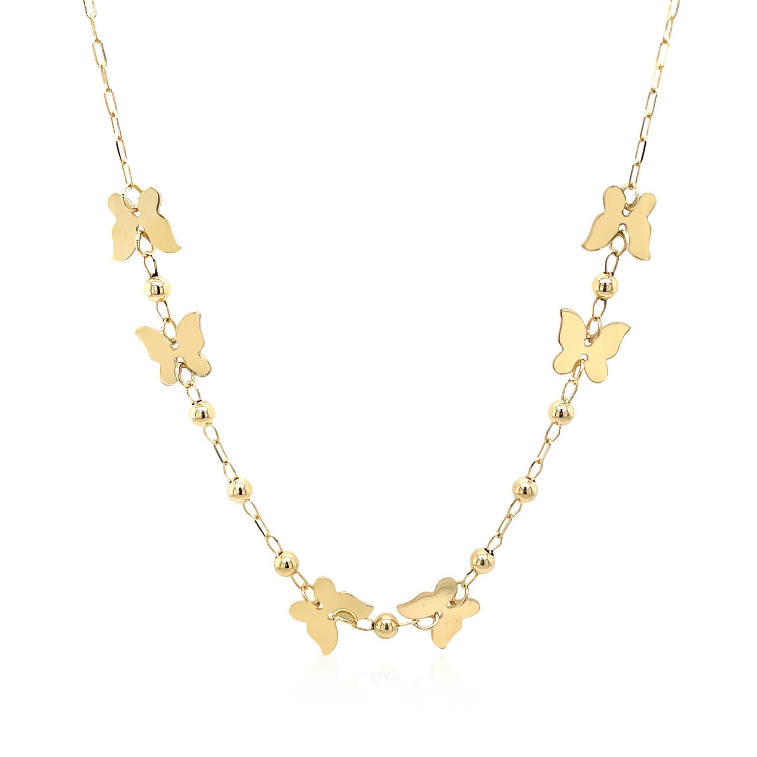 14k Yellow Gold 18 inch Necklace with Polished Butterflies and Beads