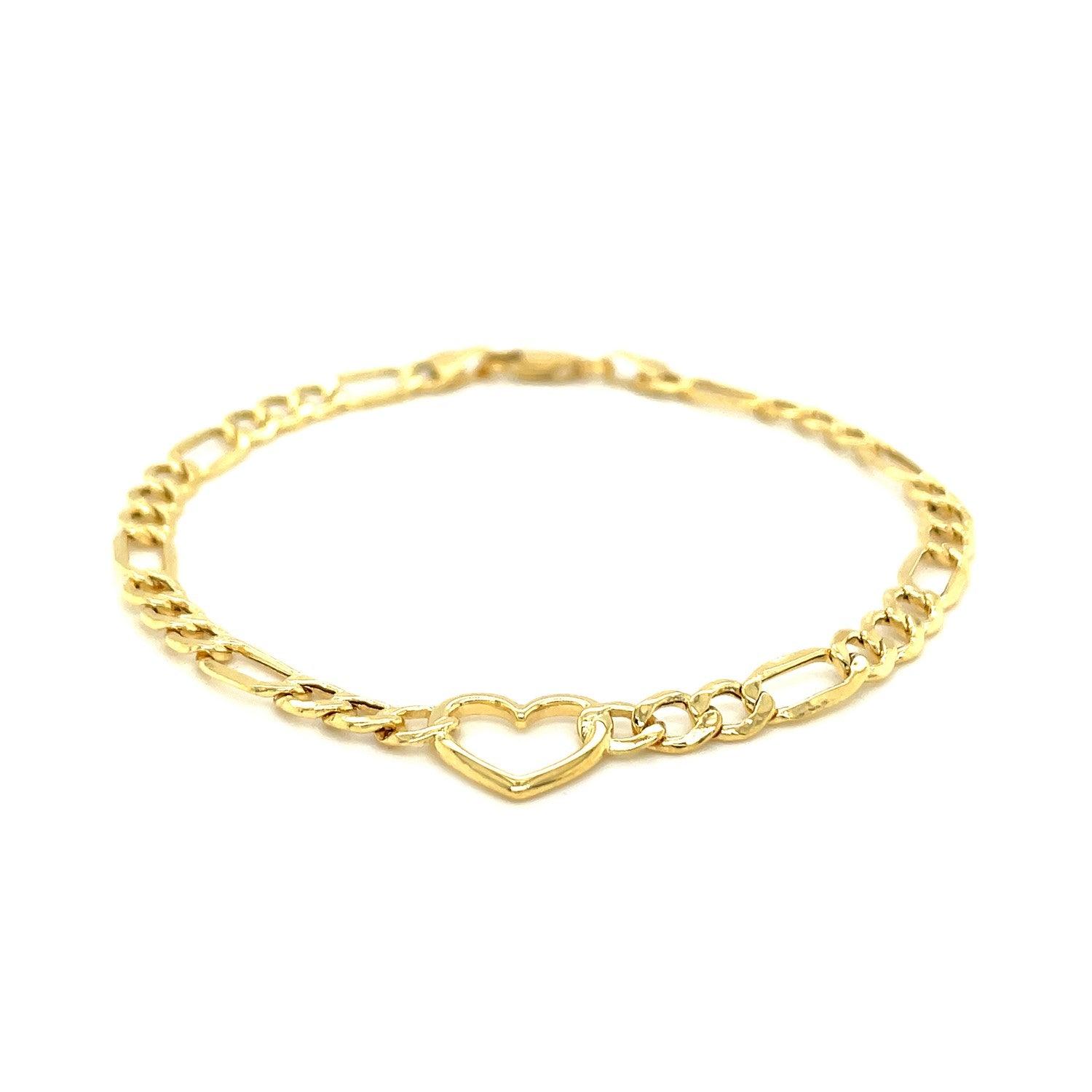 14k Yellow Gold 7 inch Figaro Chain Bracelet with Heart (4.50 mm)