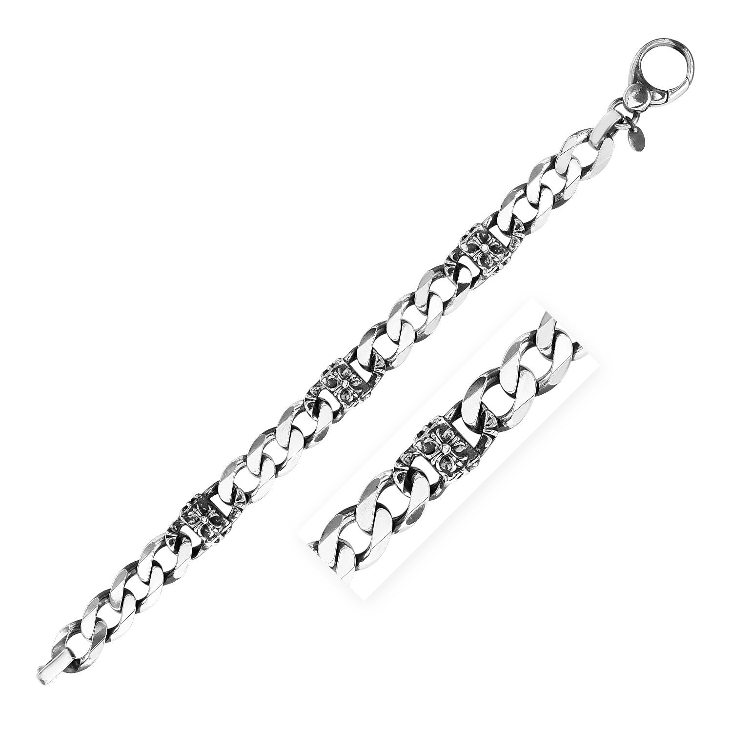 Sterling Silver Gunmetal Finish Cuban Link Bracelet with Floral Design(11.50 mm)