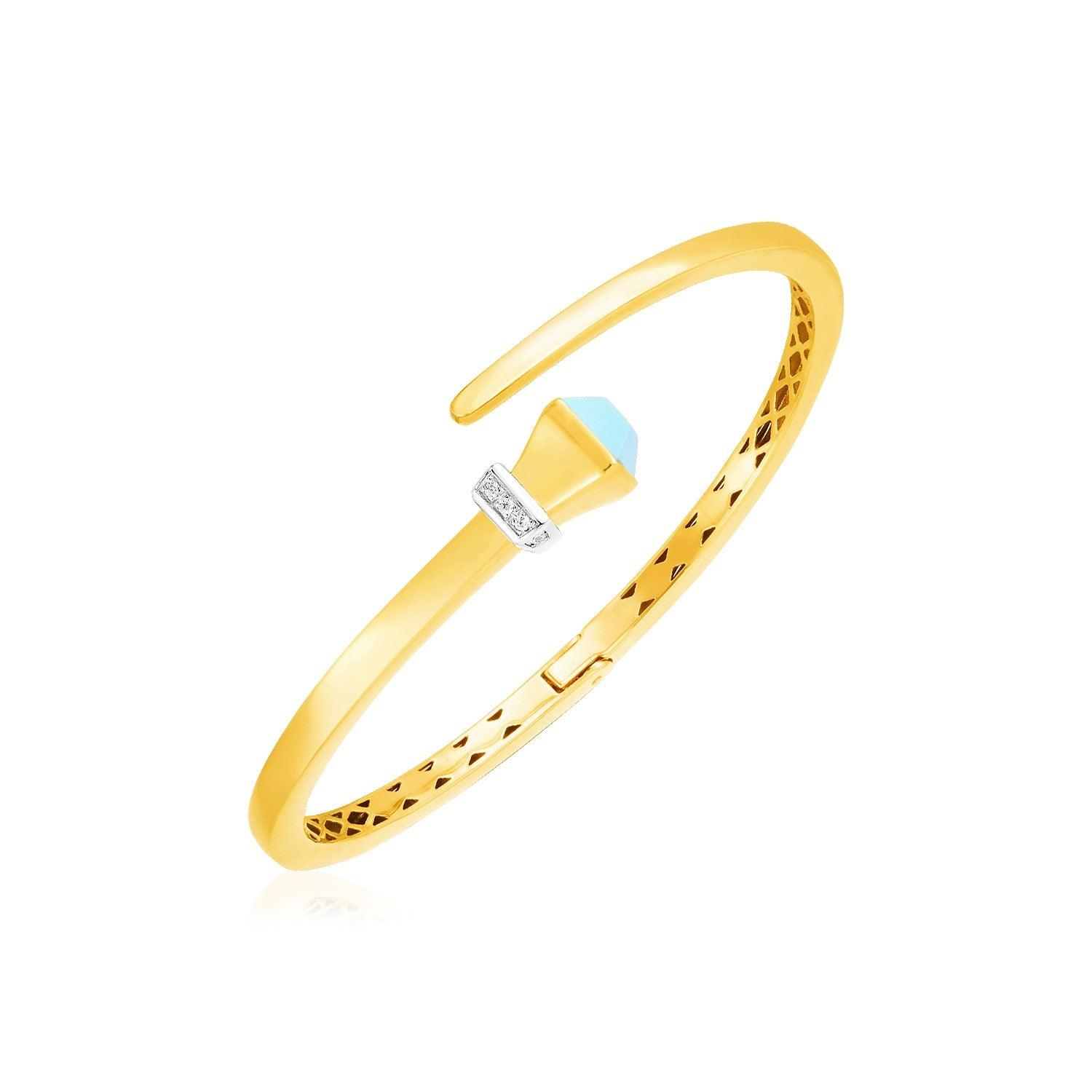 14k Yellow Gold Crossover Style Hinged Bangle Bracelet with Turquoise and Diamonds (3.40 mm)