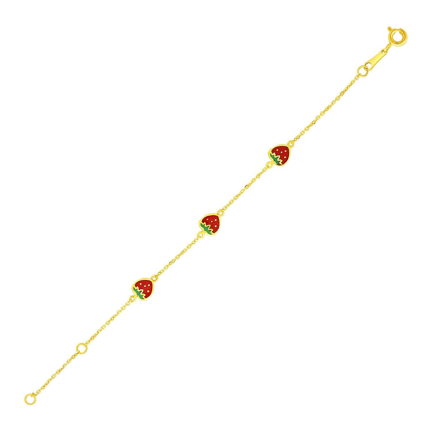 14k Yellow Gold Childrens Bracelet with Enameled Strawberries(1.00 mm)