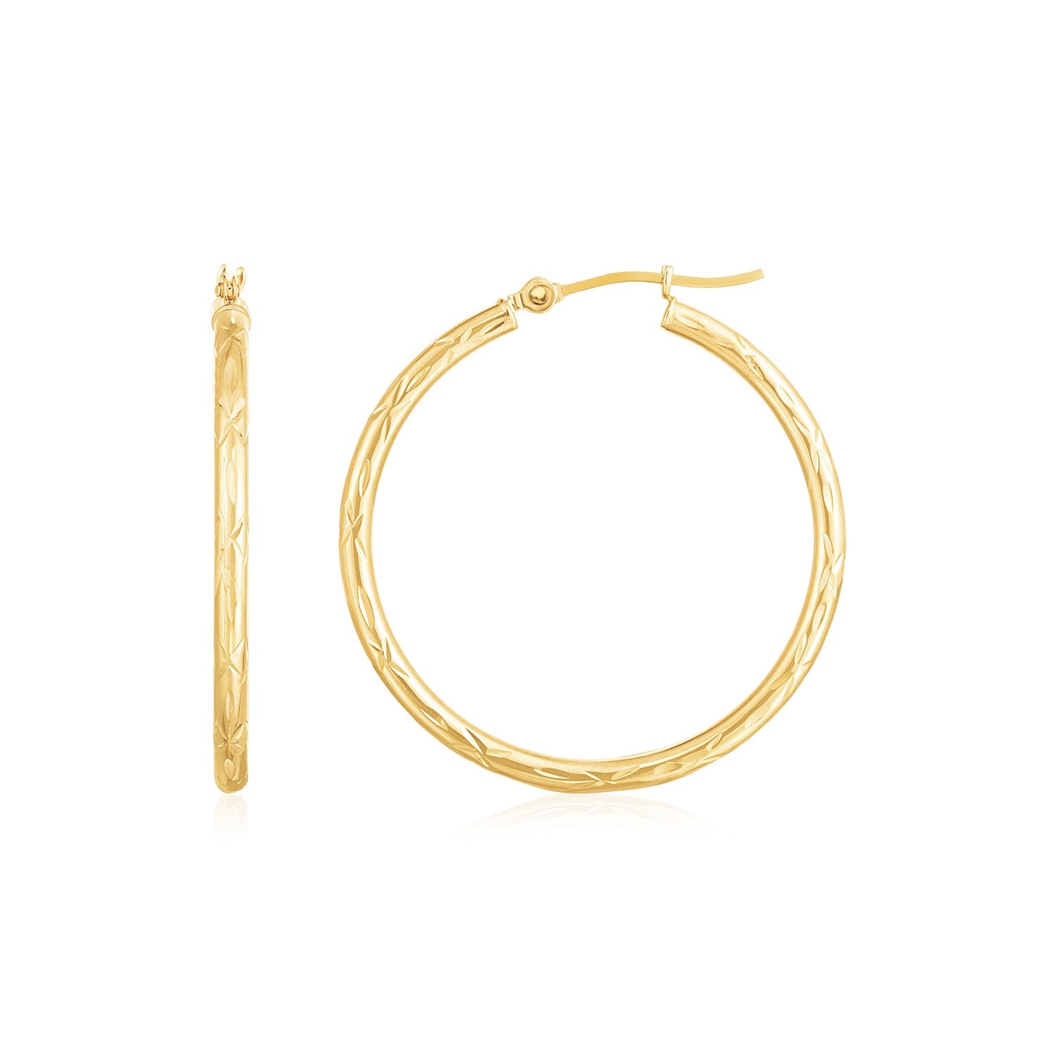 14K Yellow Gold Diamond Cut Hoop Earrings(2x30mm)