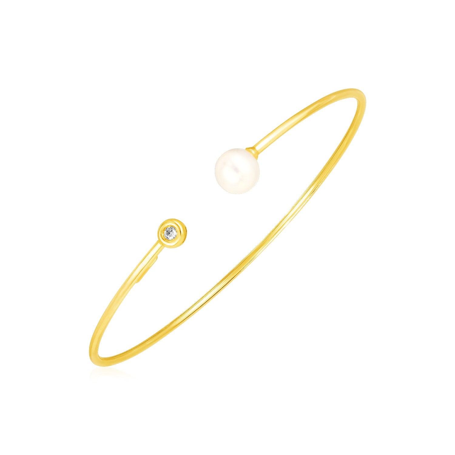 14k Yellow Gold Cuff Bangle with Pearl and Diamond (3.00 mm)