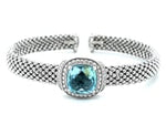 Popcorn Texture Cuff Bangle with Blue Topaz and Diamonds in Sterling Silver (8.00 mm)