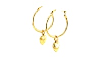 14k Yellow Gold Hoop Earrings with Dangling Puffed Heart