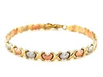 14k Tri-Color Gold Fancy Satin Heart Line Bracelet