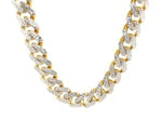 14k Two Tone Gold Miami Cuban Chain Necklace with White Pave