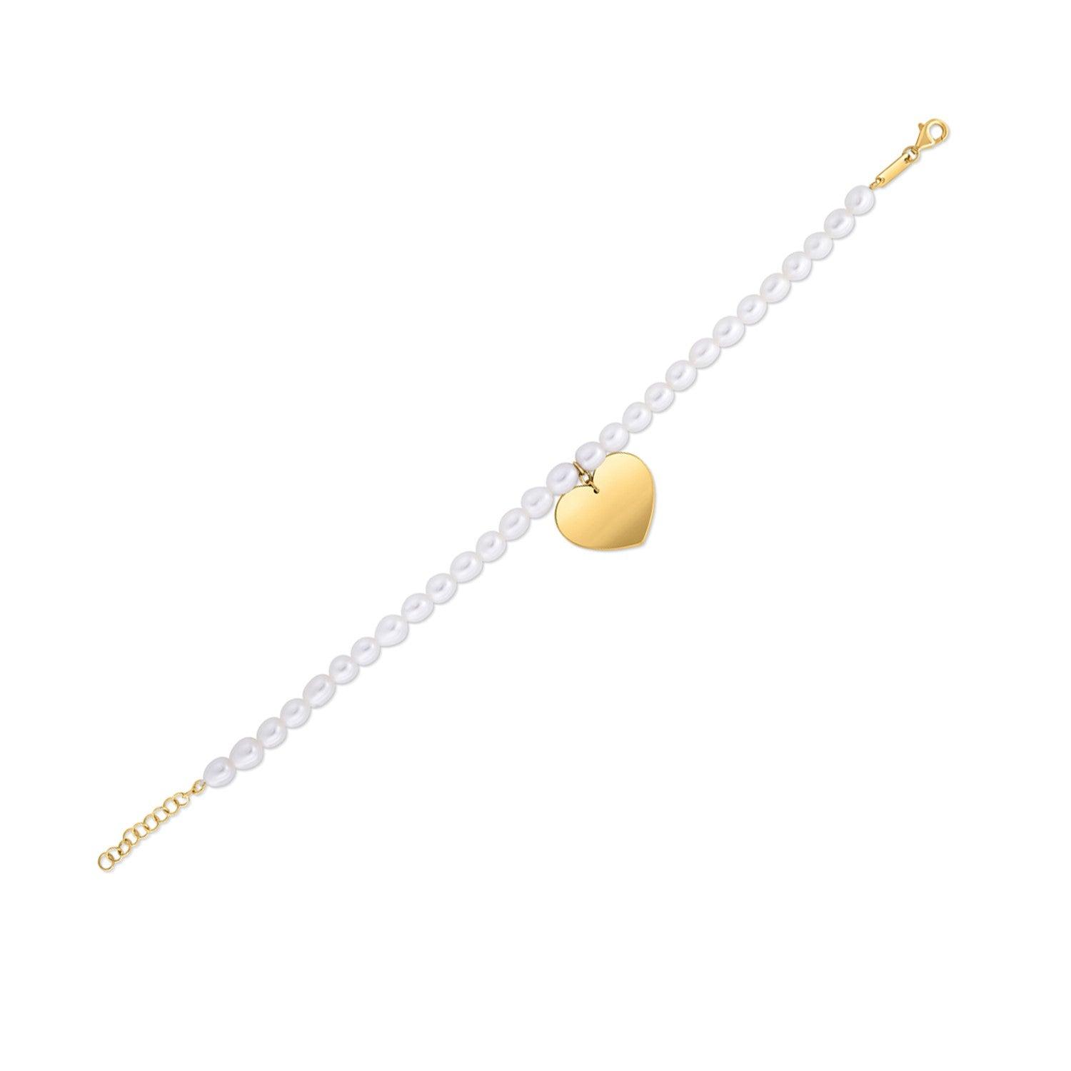 14k Yellow Gold Pearl Heart Charm Bracelet