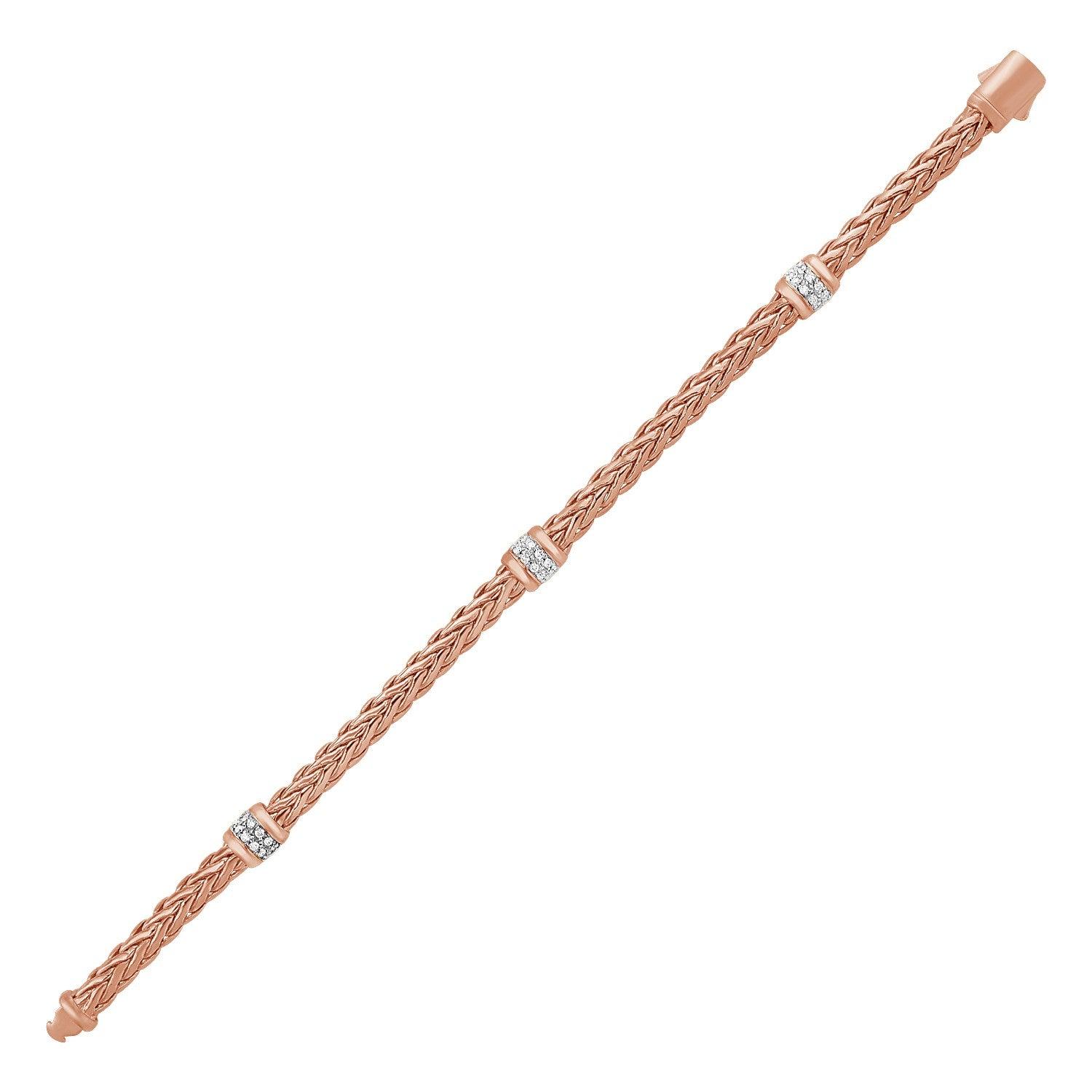 Polished Woven Rope Bracelet with Diamond Accents in 14k Rose Gold