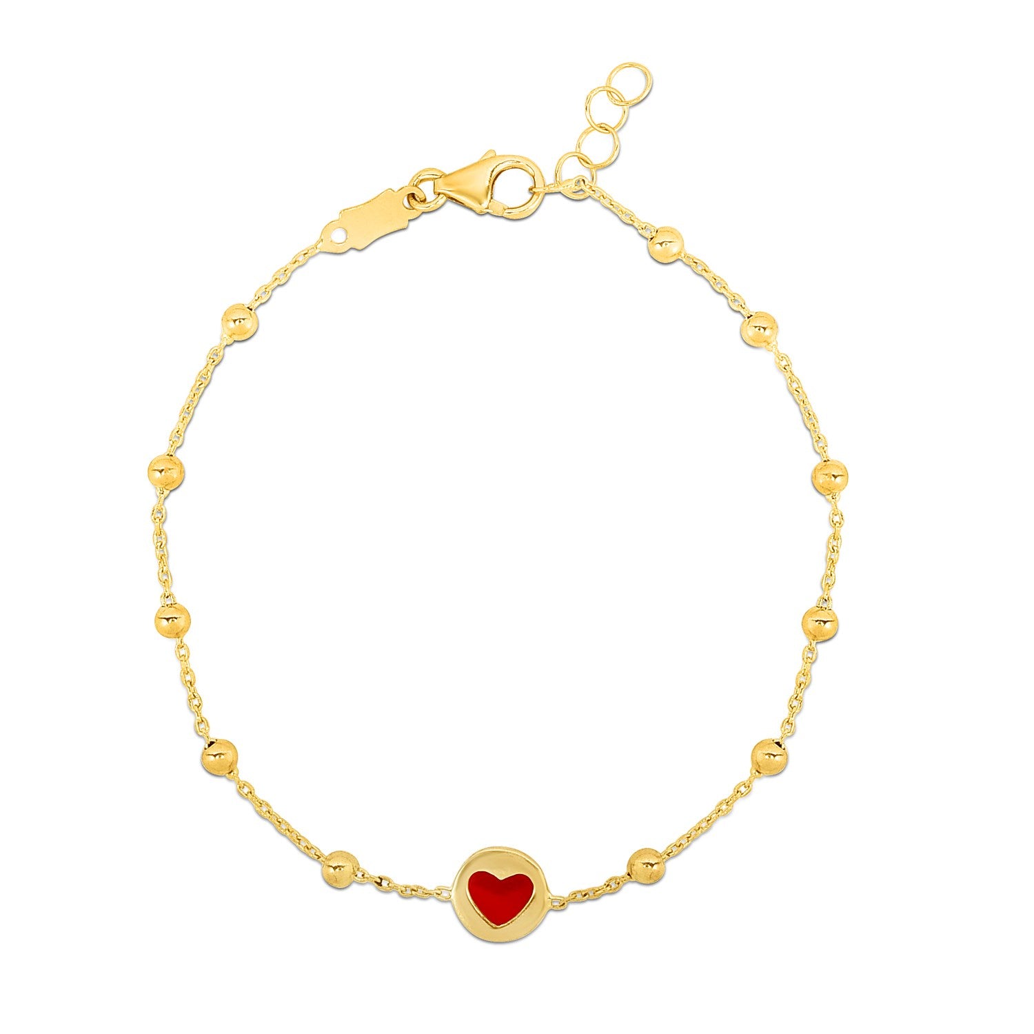 14k Yellow Gold Childrens Bracelet with Beads and Enameled Heart
