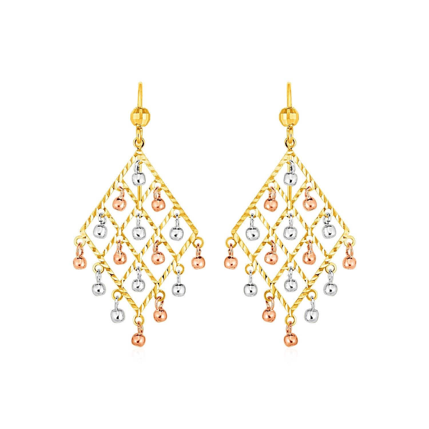 Textured Chandelier Earrings with Ball Drops in 14k Tri Color Gold