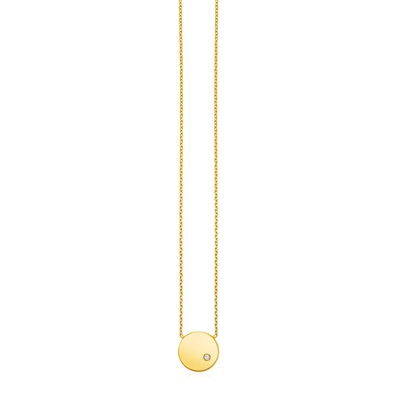 14k Yellow Gold Necklace with Polished Round Pendant with Diamond