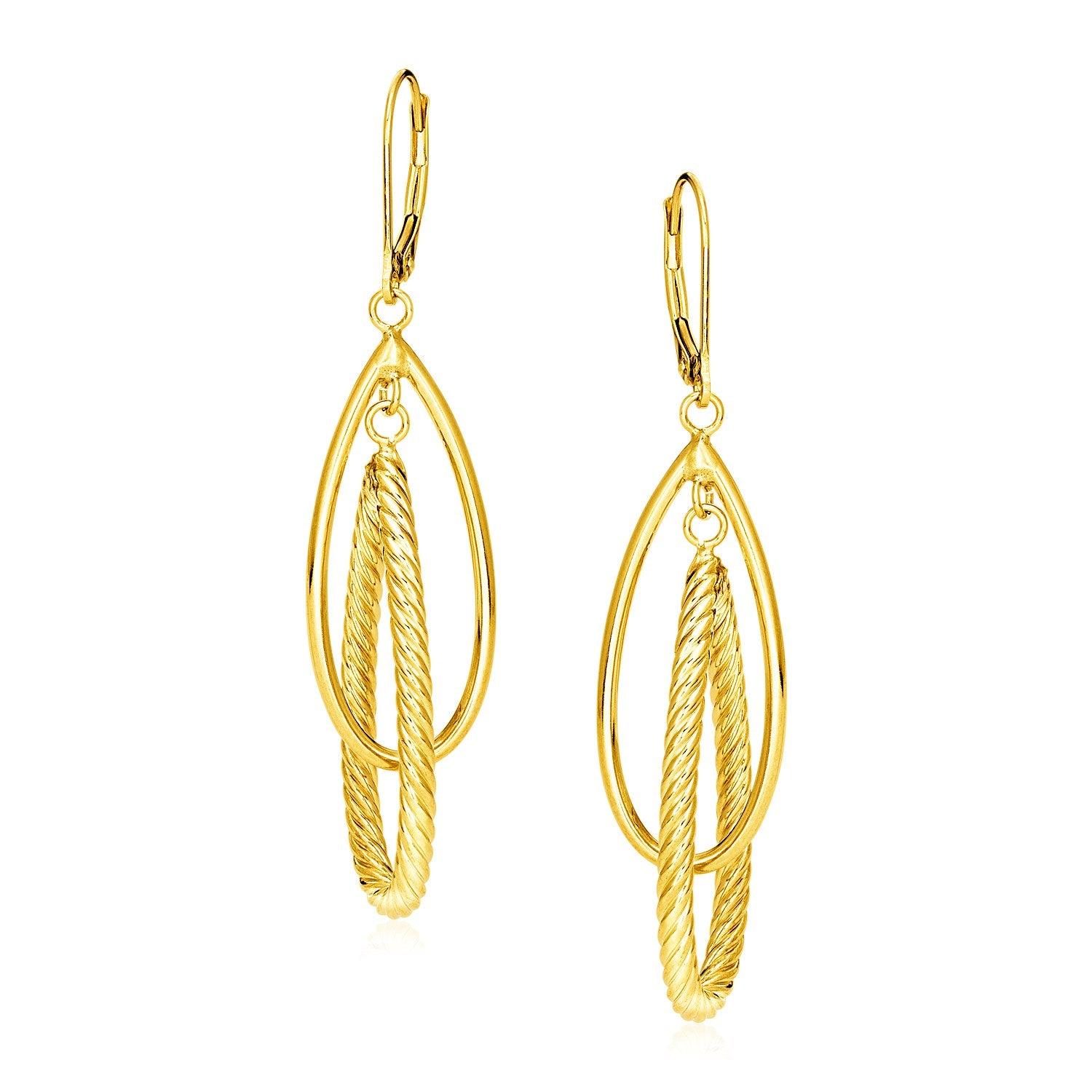 14k Yellow Gold Earrings with Shiny and Textured Teardrop Dangles