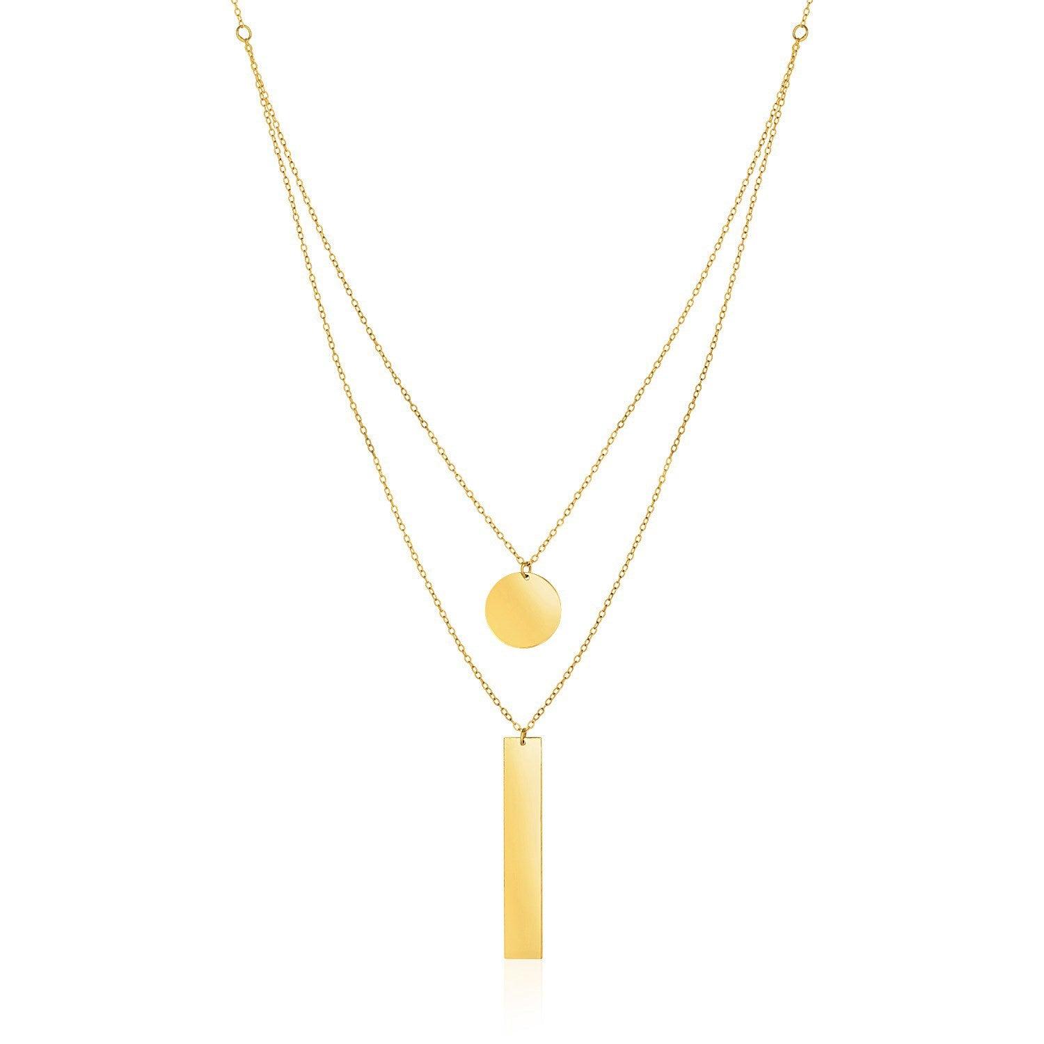 14k Yellow Gold 18 inch Two Strand Necklace with Circle and Bar Pendants