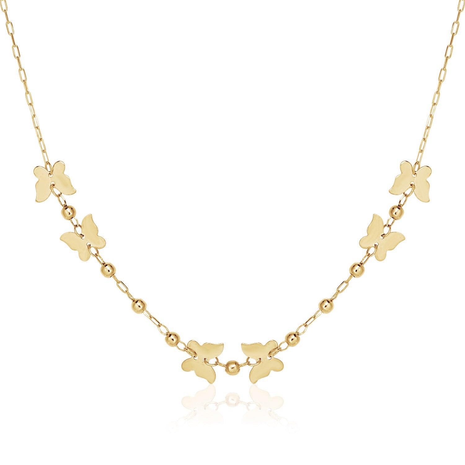 14k Yellow Gold 18 inch Necklace with Polished Butterflies and Beads