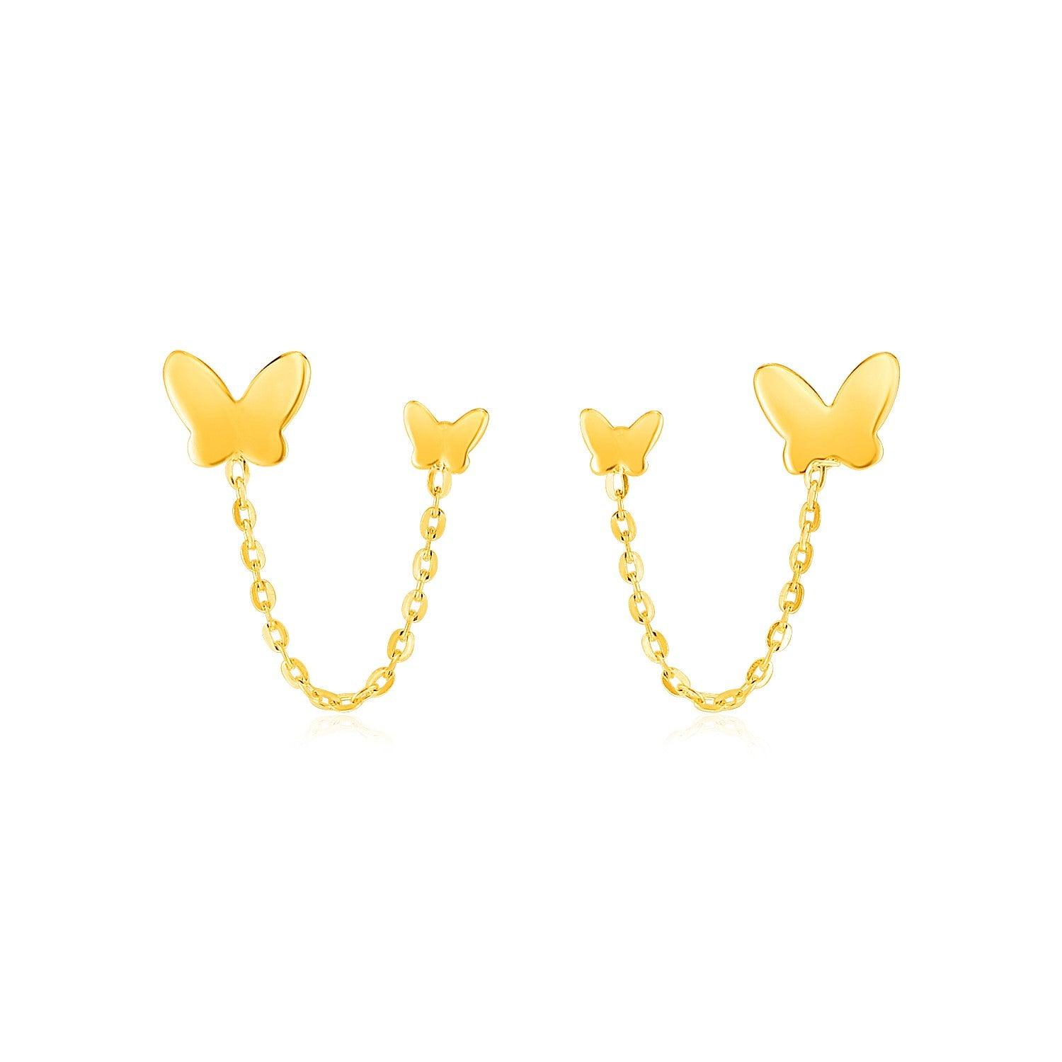 14k Yellow Gold Two Hole Post Earrings with Butterflies