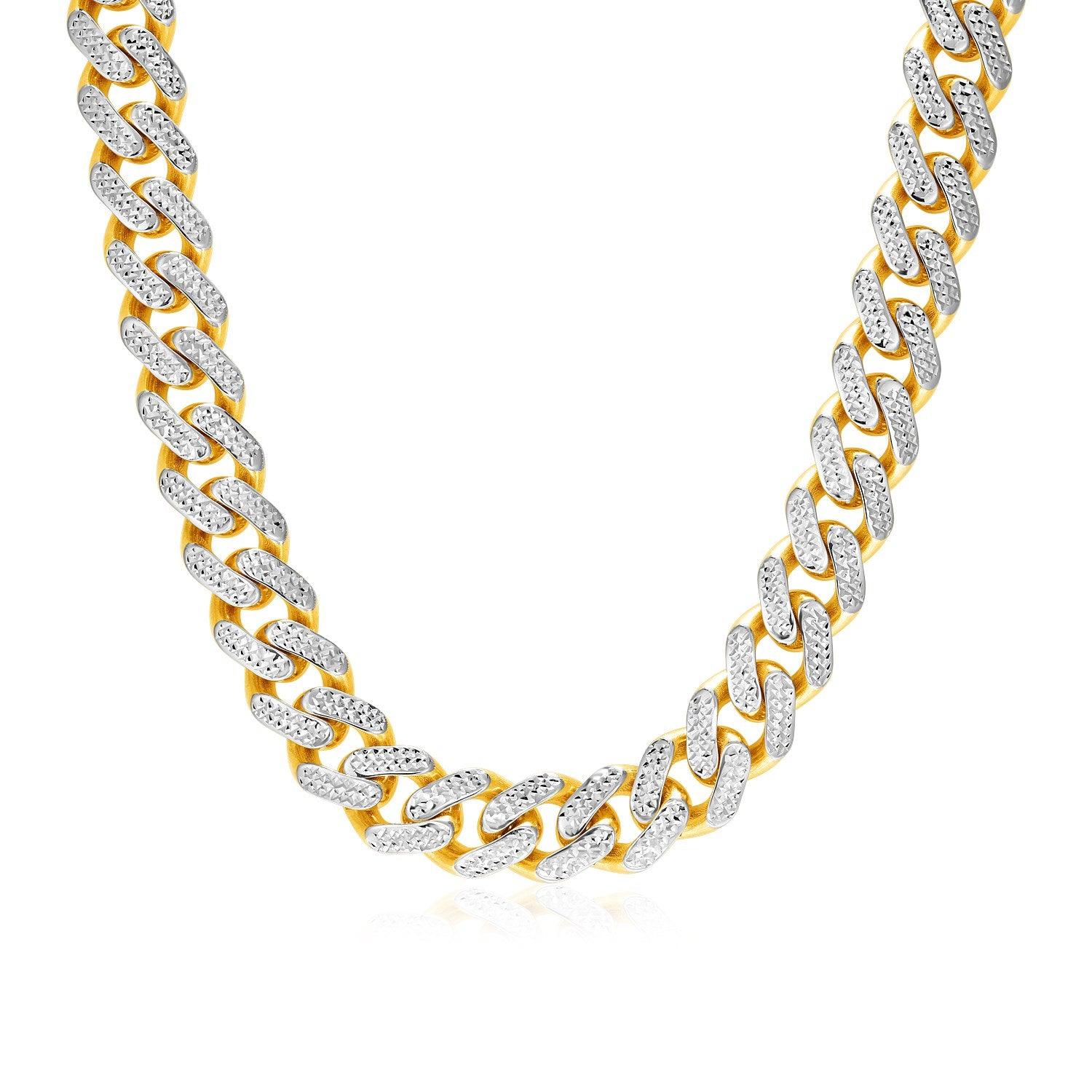 14k Two Tone Gold Miami Cuban Chain Necklace with White Pave (13.5mm)