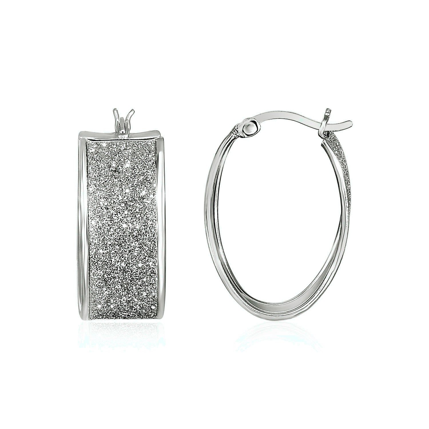 Glitter Textured Wide Oval Hoop Earrings in Sterling Silver