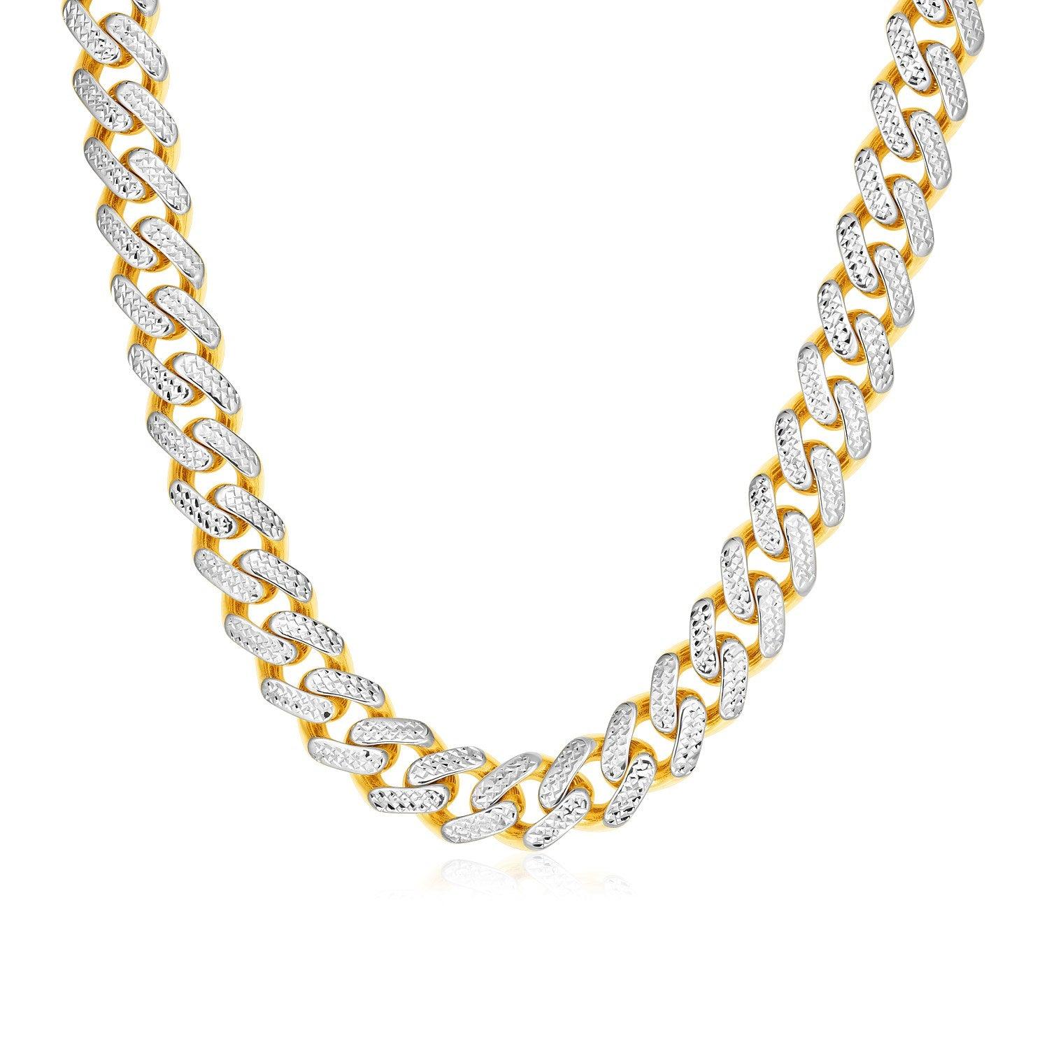 14k Two Tone Gold Miami Cuban Chain Necklace with White Pave (11.5mm)