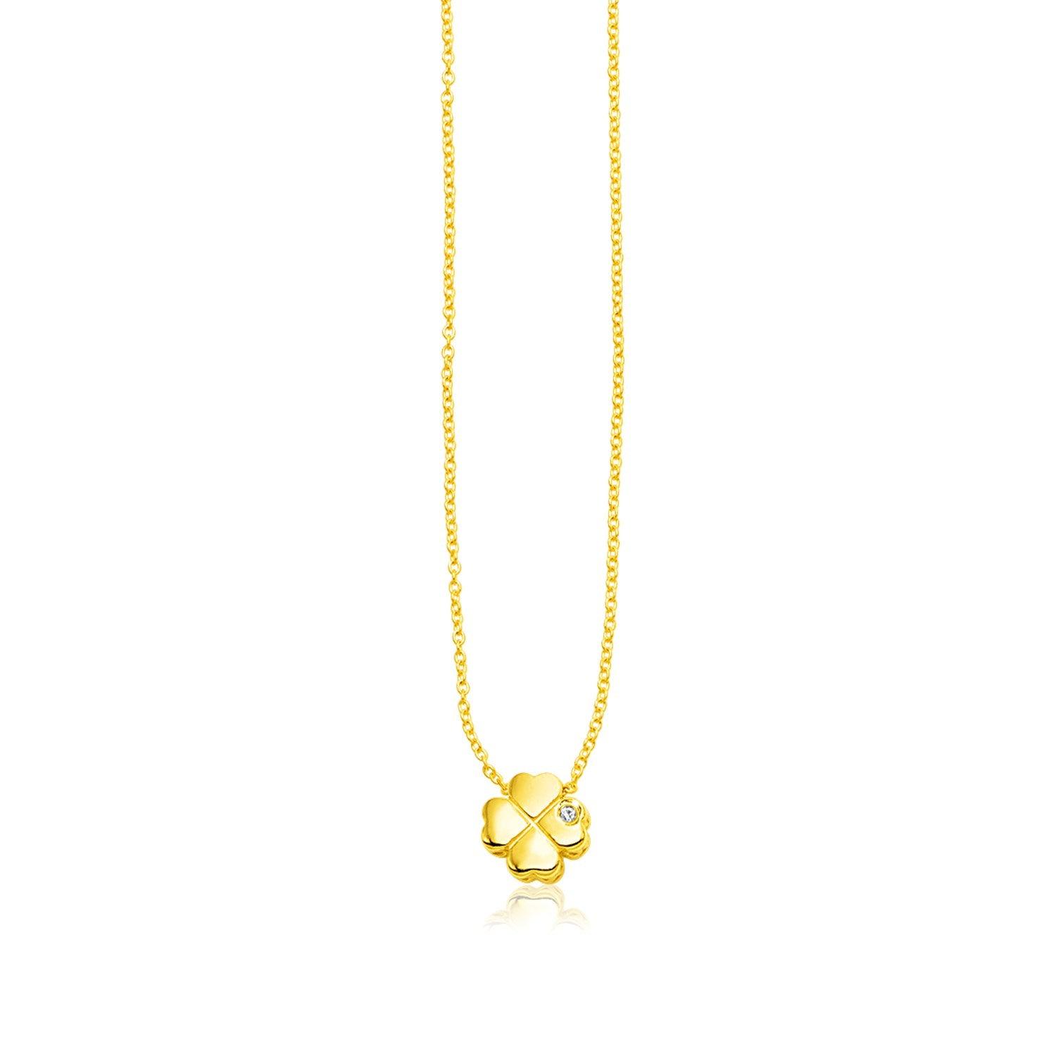 14k Yellow Gold Polished Four Leaf Clover Necklace with Diamond