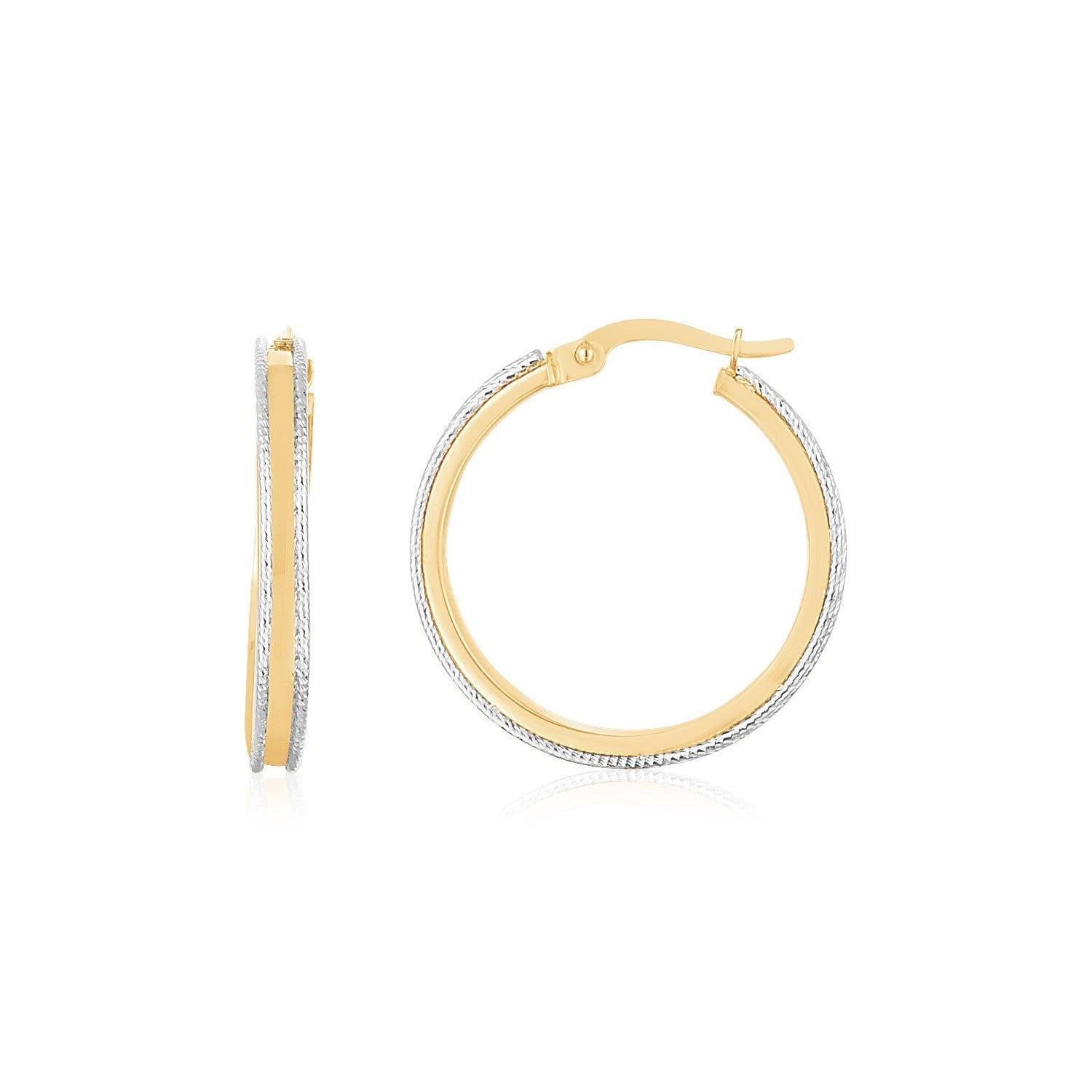 14K Two Tone Gold Diamond Cut Round Hoop Earrings