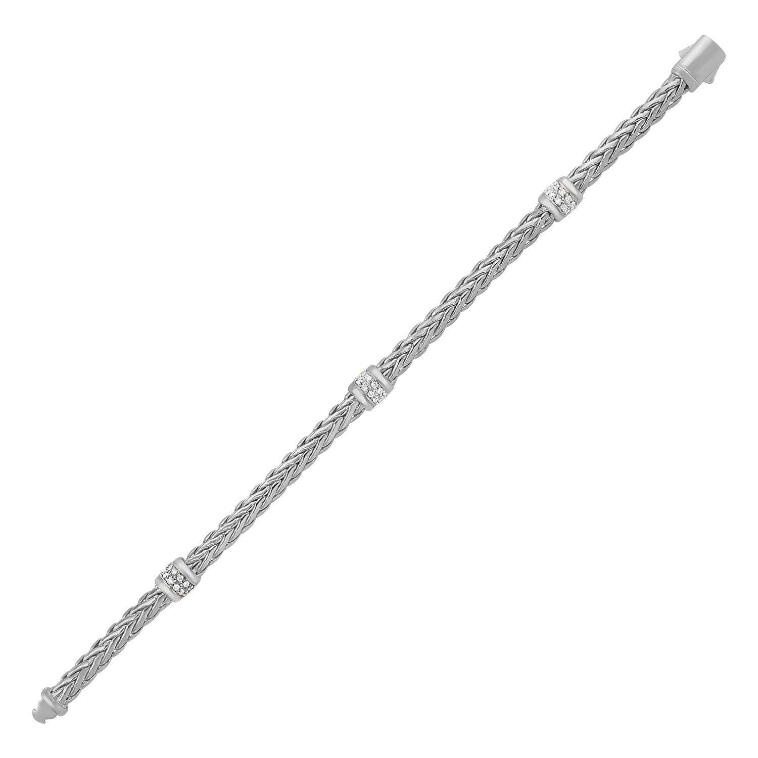 Polished Woven Rope Bracelet with Diamond Accents in 14k White Gold