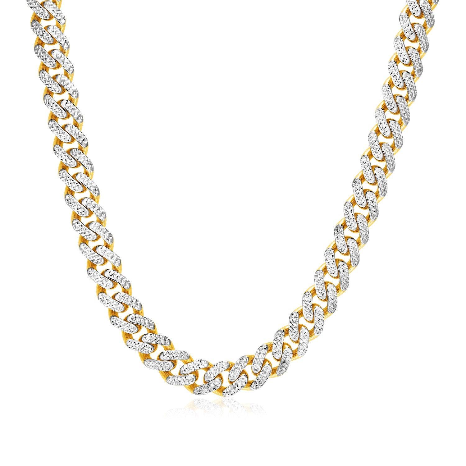 14k Two Tone Gold Miami Cuban Chain Necklace with White Pave (9.5mm)