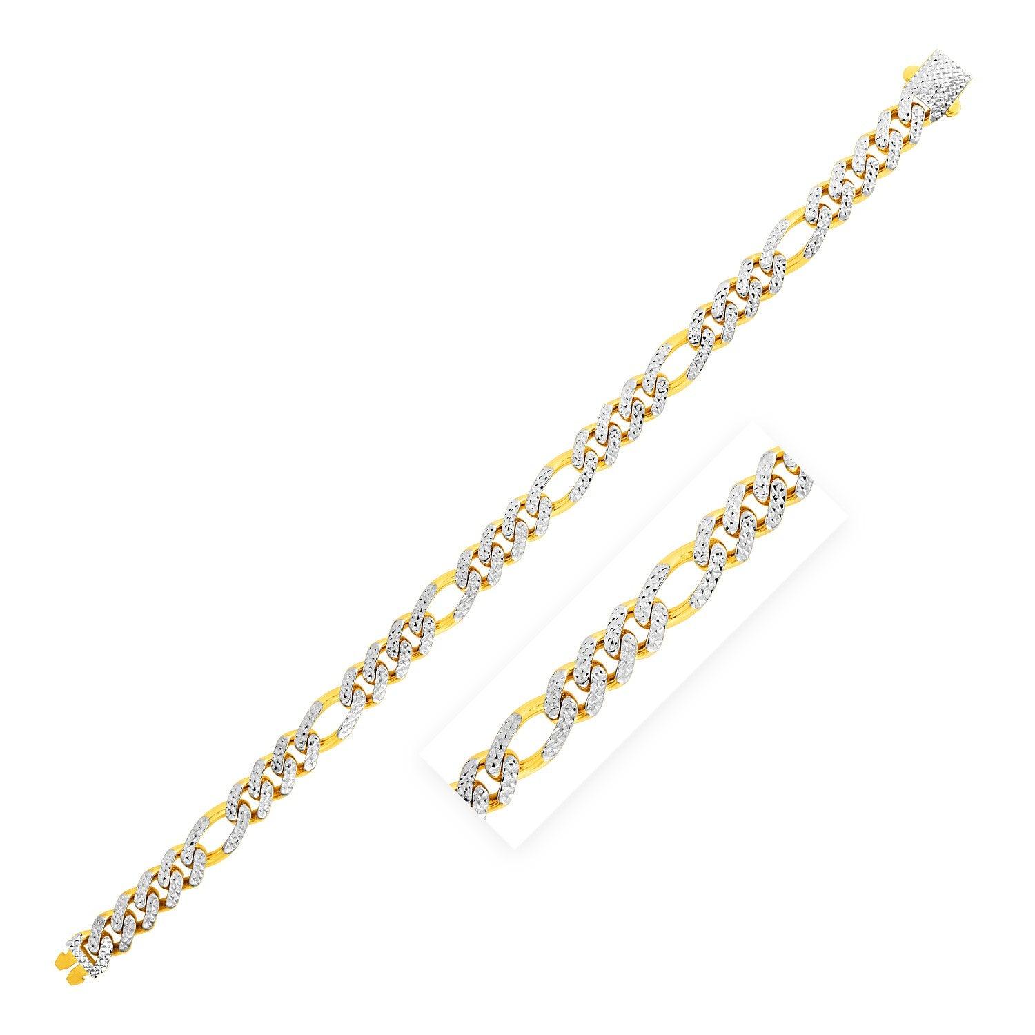 14k Yellow Gold White Pave High Polish Modern Lite Figaro Bracelet (8.0mm)