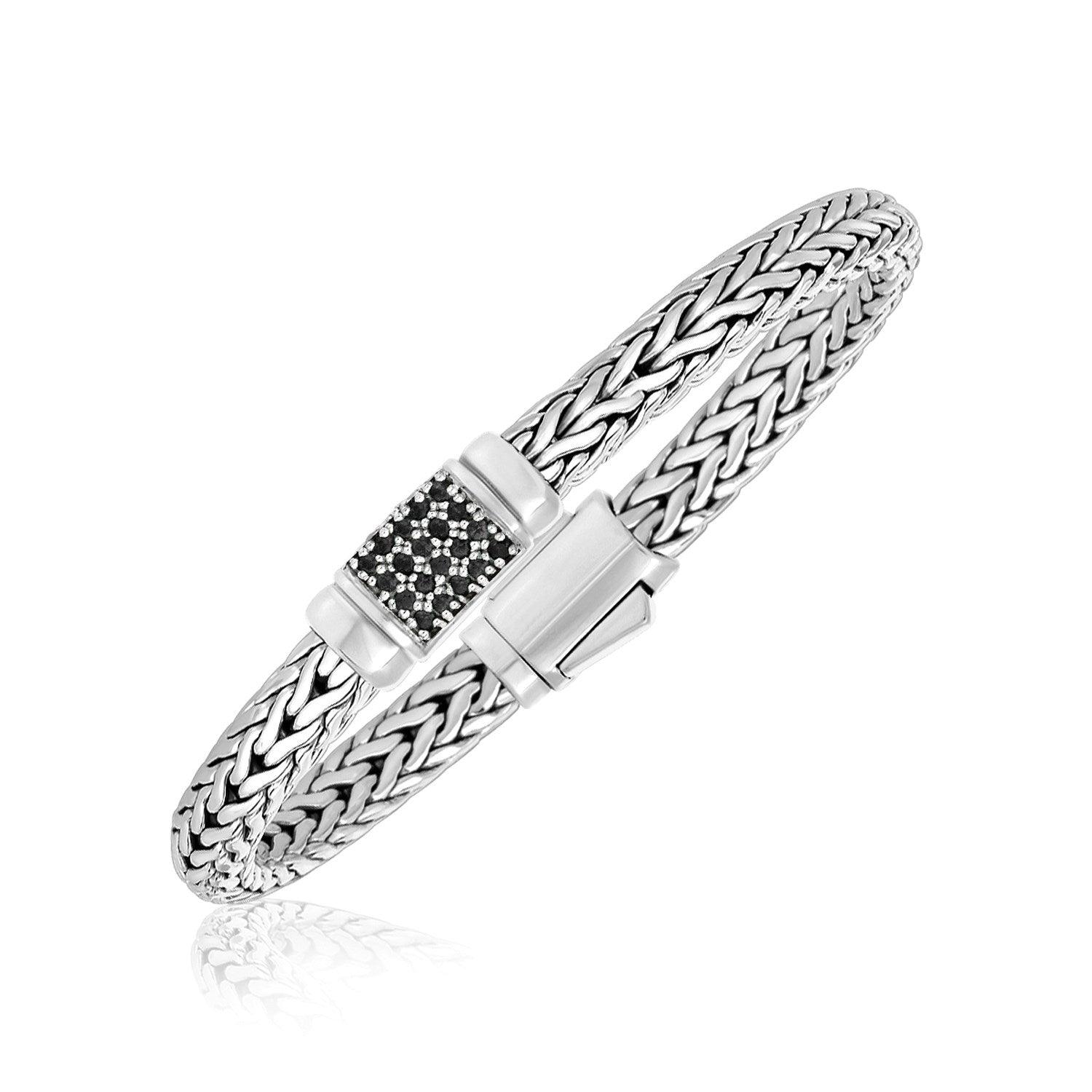 Sterling Silver Weave Style Bracelet with Black Sapphire Accents - Justin Kyne Brand